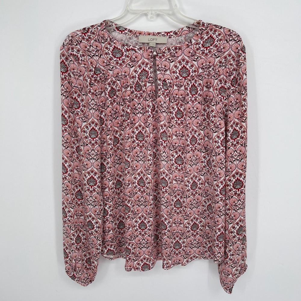 LOFT Women's Pink Floral Keyhole Long Sleeve Boho Peasant Top Blouse Size M